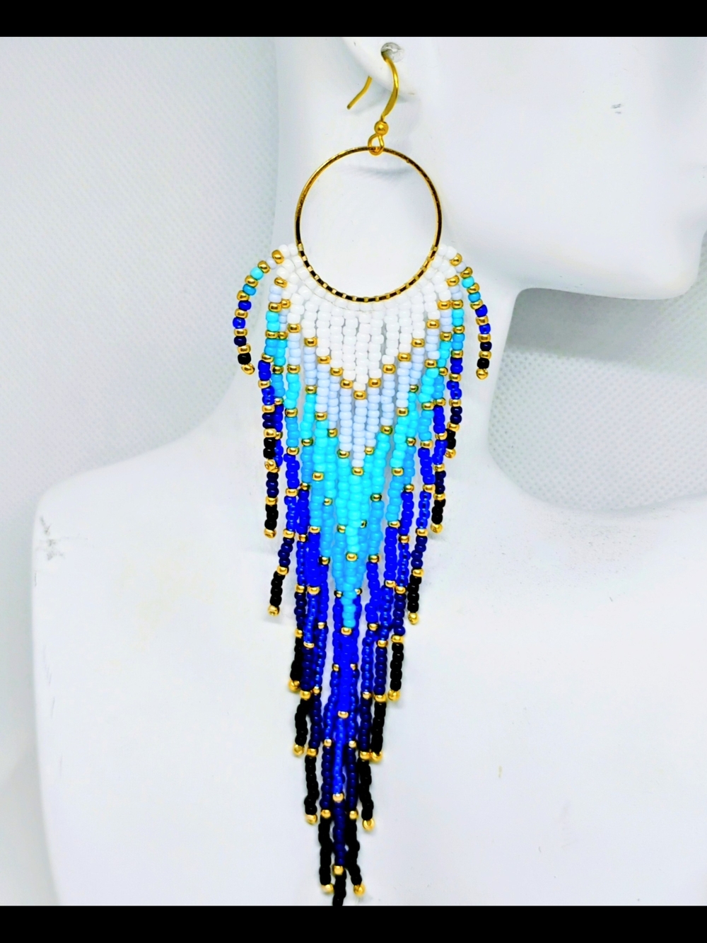 Hand Crafted Blue, Turquoise & White Beaded Fringe Hoop Earrings - Picture 1 of 1